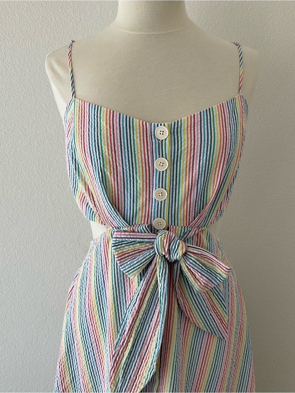 J. Crew Rainbow Seersucker Dress Cut-Out Tie Front Stripe Midi Dress 10 - Picture 5 of 16